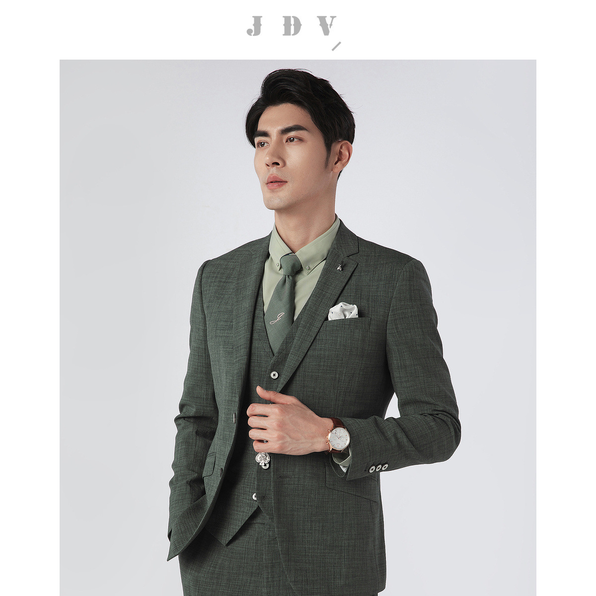 jdv男装 秋季时尚商场同款绿色西装修身平驳领正装纹长袖商务西服