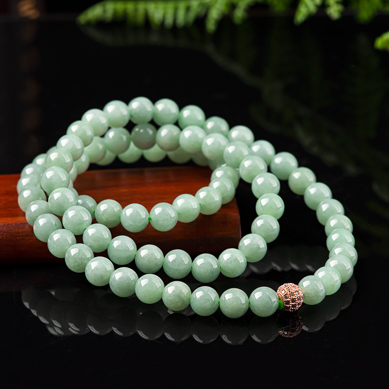 天然缅甸a货翡翠玉珠项链冰糯种圆珠玉石三圈手链高档毛衣链女款