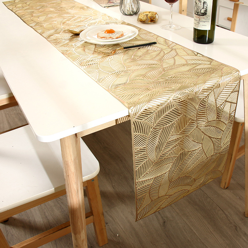 Household Long Combination Leaf Table Runner Gilding Solid Color Hollow PVC Table Mat Nordic Style INS Western Placemat Cross-Border 