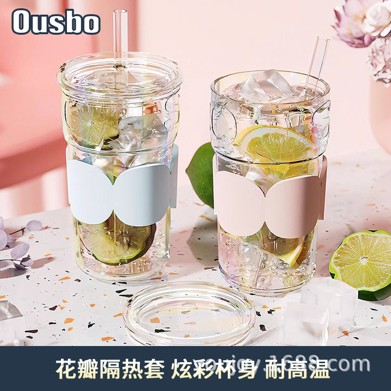 ousbo玻璃吸管杯女生高颜值网红水杯办公室大容量耐高温泡茶杯子