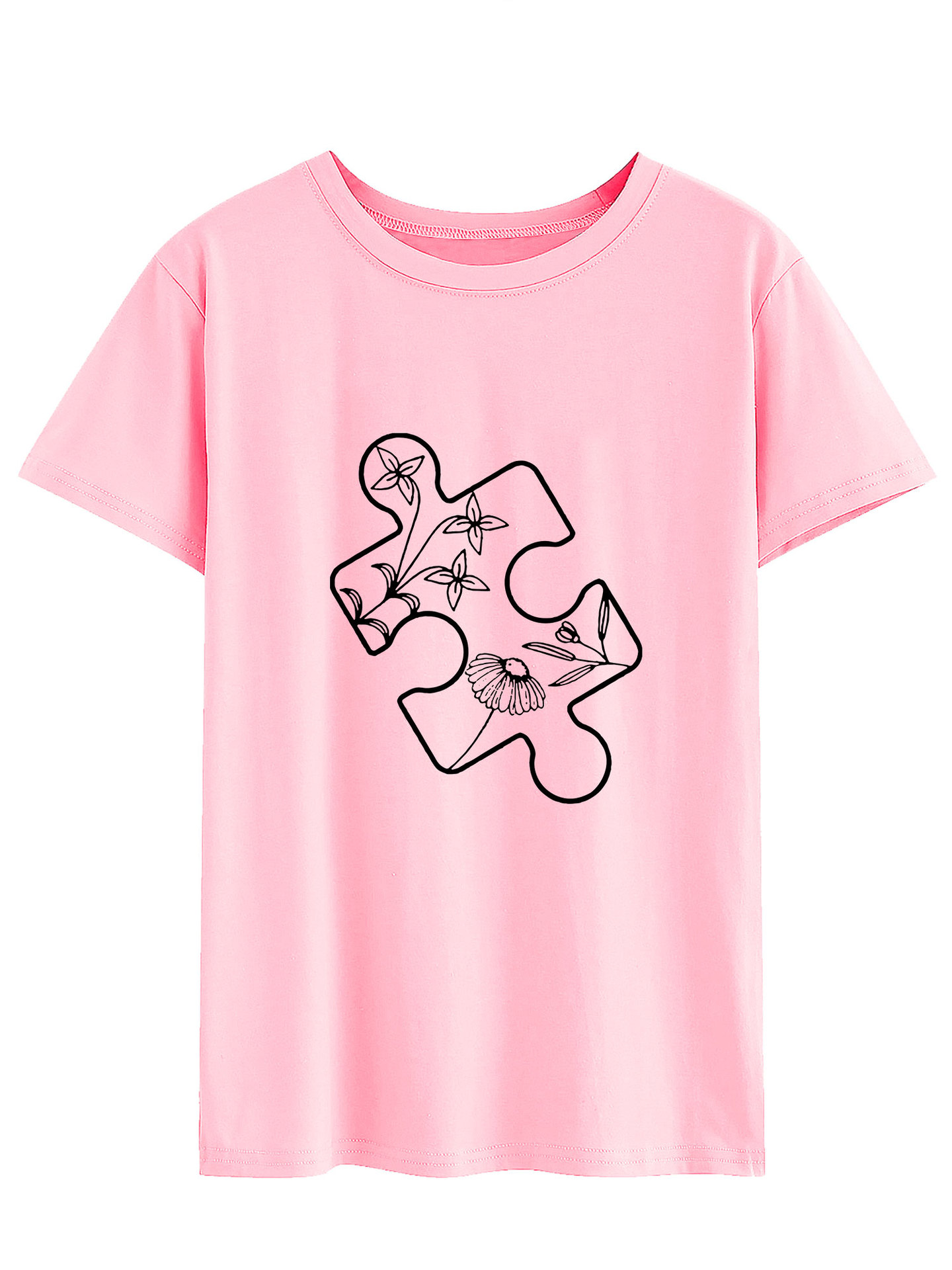 夏季时尚抽象派简笔画植物拼图个性印花 宽松休闲上衣短袖棉t恤