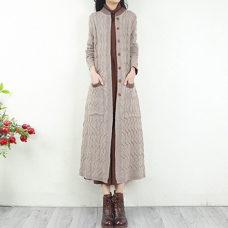 复古文艺范长款毛衣女士外套秋冬季加厚毛线针织开衫宽松色外搭
