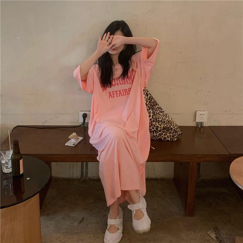 Summer Korean Style South Korea plus Size Women's Clothing Casual Long Dress Plump Girls Loose Overknee T-shirt Long Dress Women's Nightdress