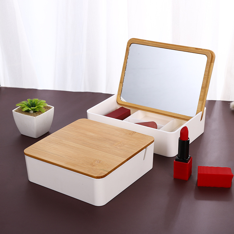 Daifa Desktop Cosmetics Storage Box Mirror Dormitory Vanity Box Dustproof Portable Accommodation Bamboo Cover Lipstick Shelf