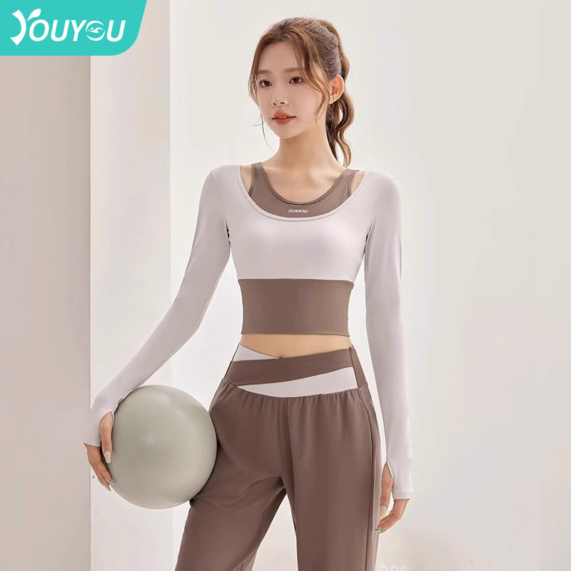 yoga clothes women‘s suit 2023 autumn and winter new long sleeve with chest pad quick-drying breathable running sports top workout clothes