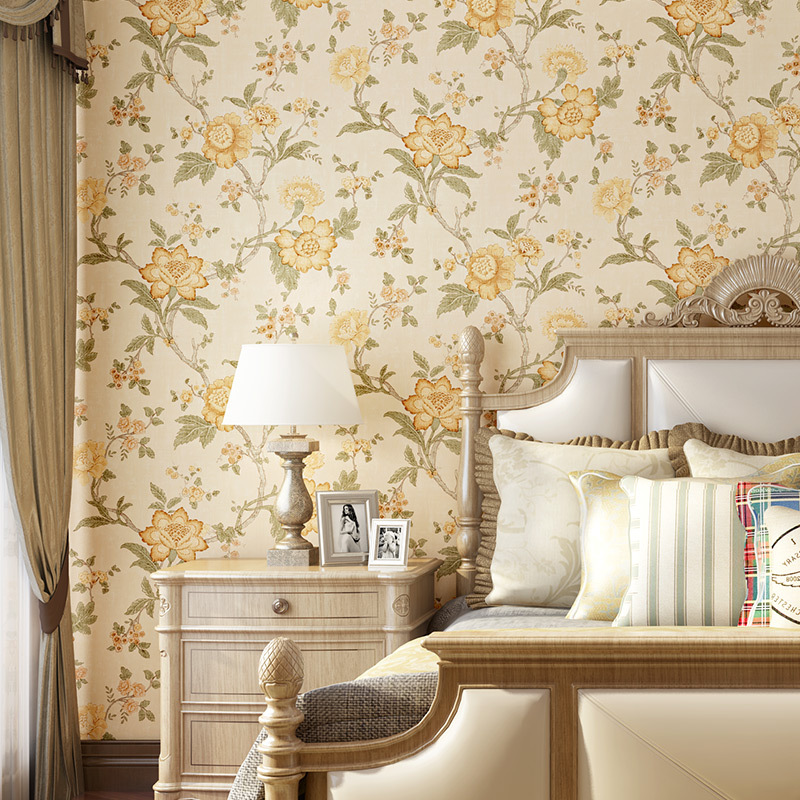 床头背景墙纸 美式复古花纹田园乡村环保无纺布卧室 床头背景壁纸