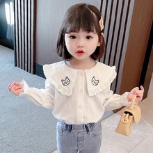 女童春装卡通猫咪刺绣衬衣2024新款韩版洋气儿童春款女宝宝白衬衫
