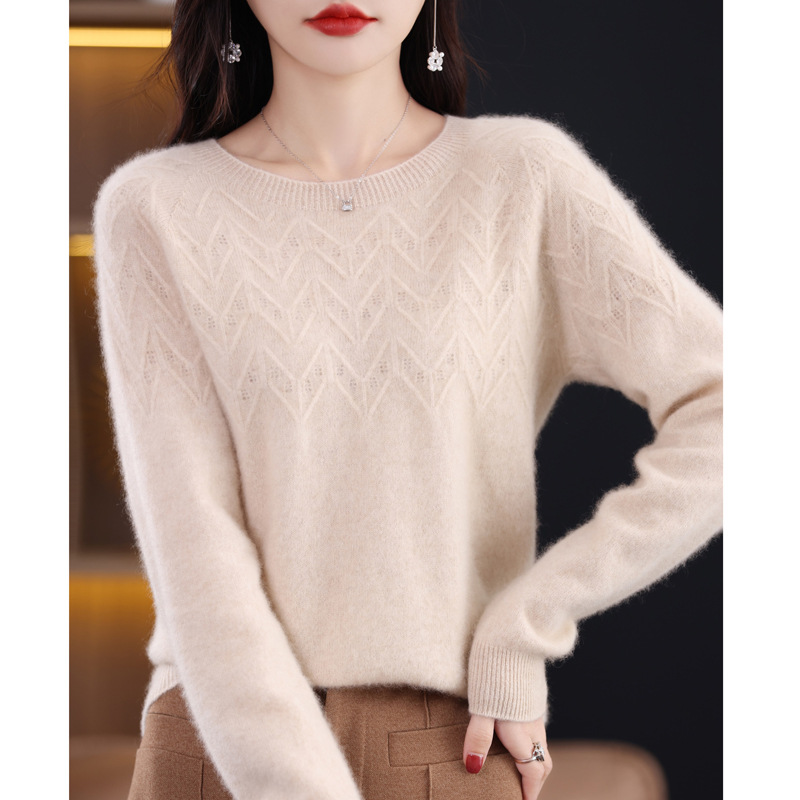 Front Line Ready-Made Garments Woolen Sweater Women's Solid Color Autumn and Winter Slimming Loose Fishbone Pattern Knitted Sweater Long Sleeve Bottoming Shirt