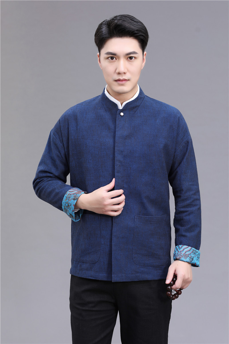 春秋款唐装中山装男外套亚麻夹里长袖上衣复古国风男外套居士茶服