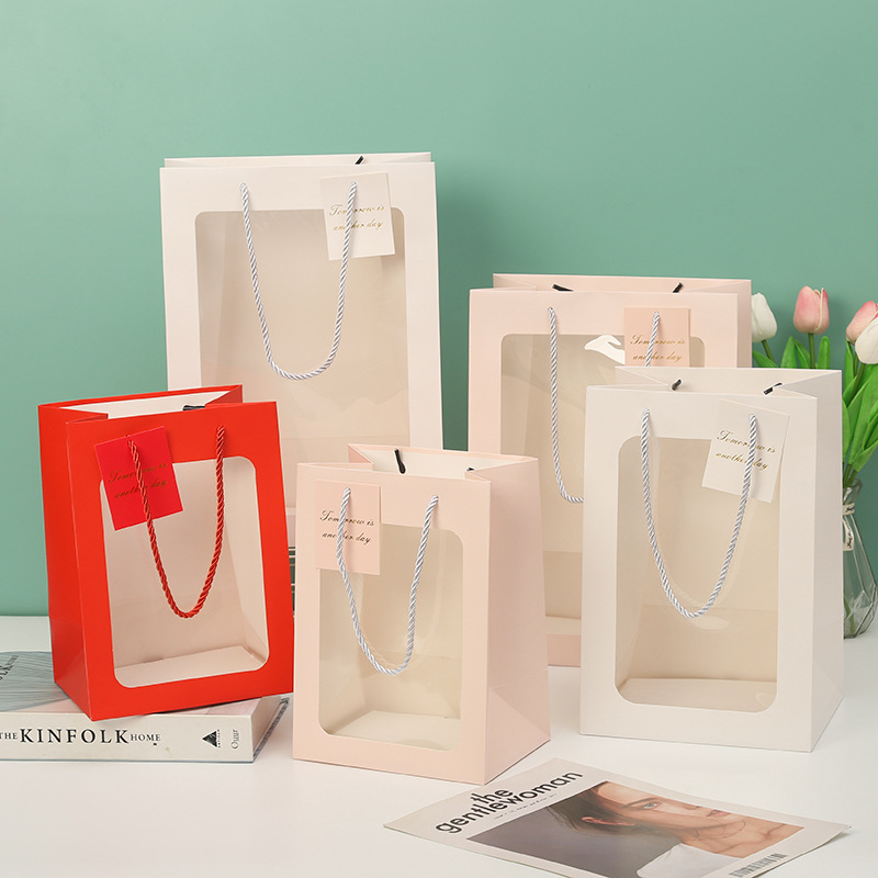 Wholesale Transparent Window Bag Flower Handbag Gift Bag Packing Bag Bouquet Teacher's Day Gift Ornament Handbag