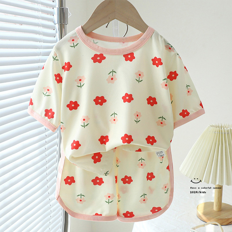 Children's Short-Sleeved Shorts Suit Girls' Summer Ice Silk Small Floral Print Homewear Baby Boy Cartoon Short Sleeved T-shirt