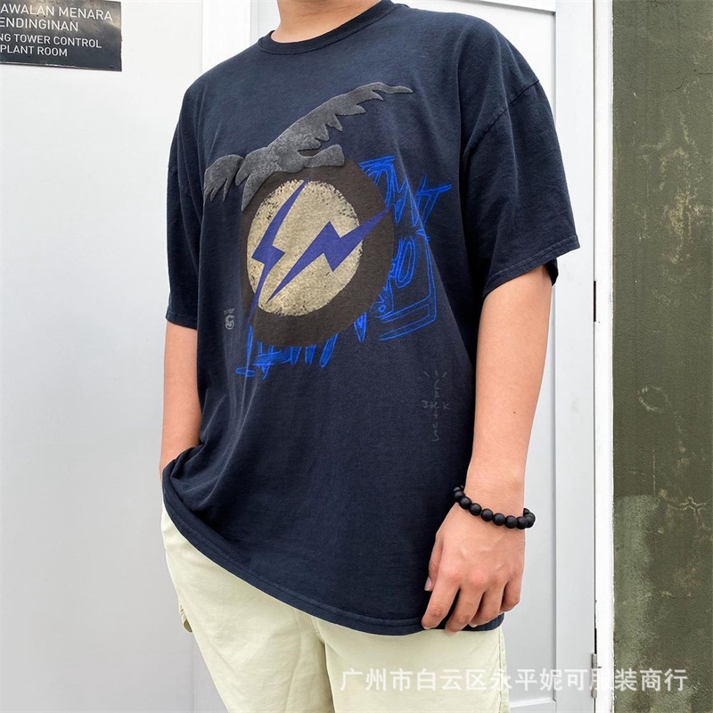 travis scott ts藤原浩闪电老鹰印花美式潮牌宽松休闲短袖t恤男