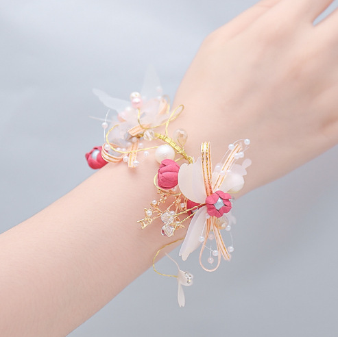 夏威夷新娘姐妹手腕花 玫瑰花拼接手链 丝带珍珠花手工编制手环女