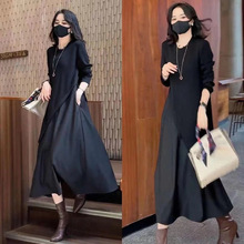 纯黑色法式显瘦长袖拼接假两件连衣裙女秋季新款圆领不规则设计感