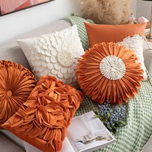 橙色系网红爱马仕橙花朵皮革抱枕套小雏菊太阳花沙发靠枕床头靠垫