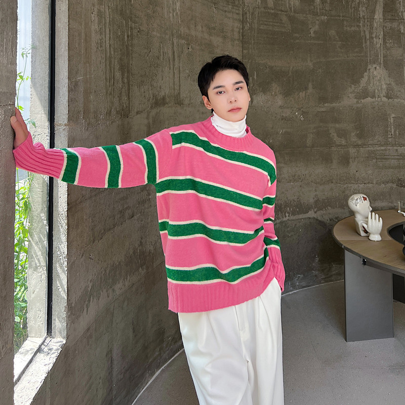 秋冬新款小众复古粉色条纹男士套头针织毛衣潮流慵懒休闲上衣潮牌