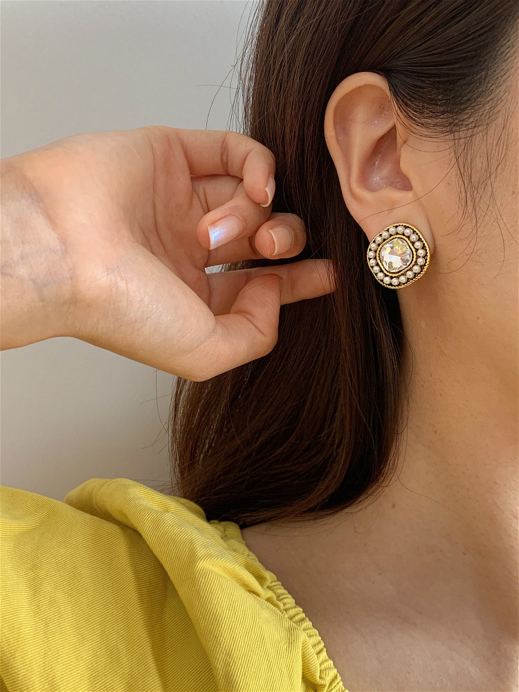 m 】复古巴洛克风方形大宝石珍珠纽扣925银针个性耳钉耳环耳饰