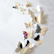 立体蝴蝶24只镜面金色婚礼节日展柜餐厅馆装饰3D墙贴吊饰一件代发