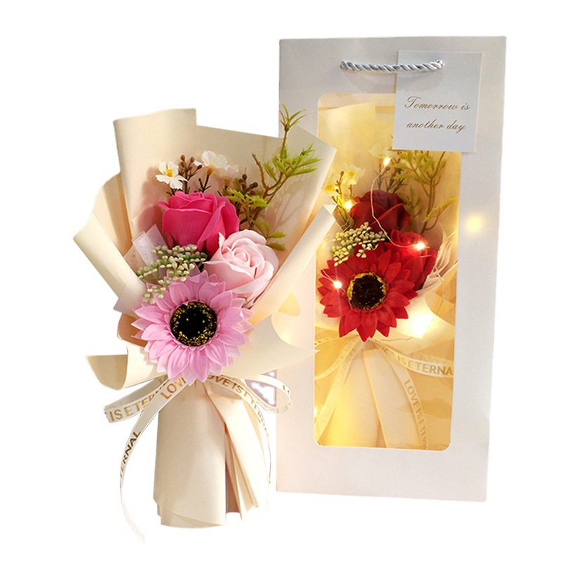 Teacher's Day Gift Finished Sunflower Portable with Light Bouquet Wholesale Soap Rose Present for Client Gift