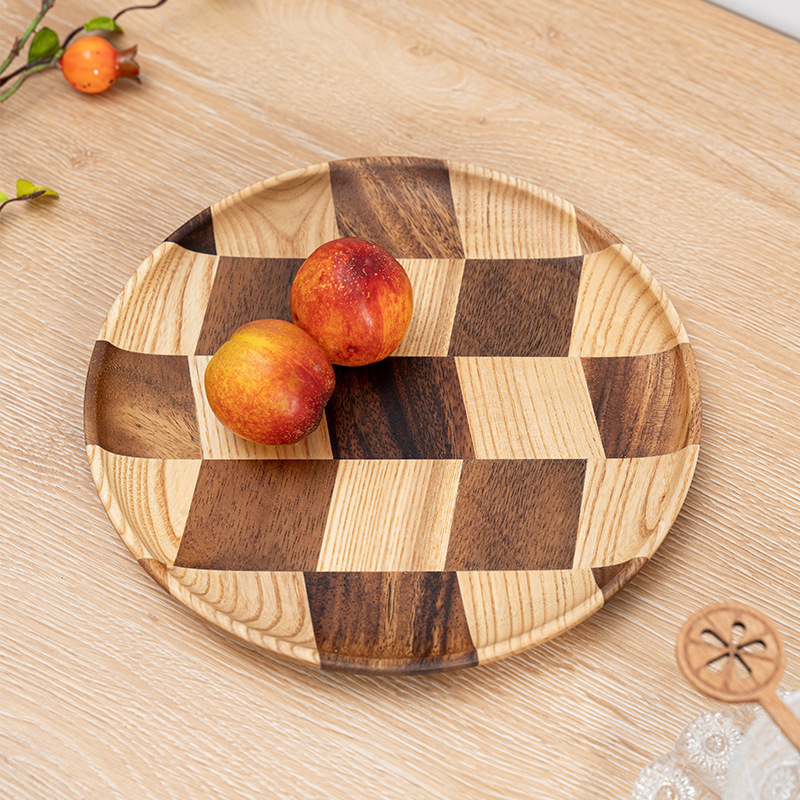 Wooden Plate round Stitching Nordic Cake Plate Wooden Tray Rectangular Household Japanese Wood Dish Tea Tray