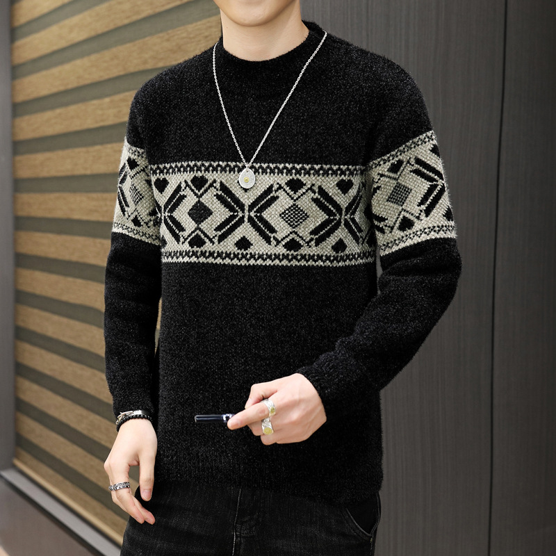 不起球雪尼尔貂绒毛衣男 时尚拼色绣花半高领雪貂针织毛衫中厚款