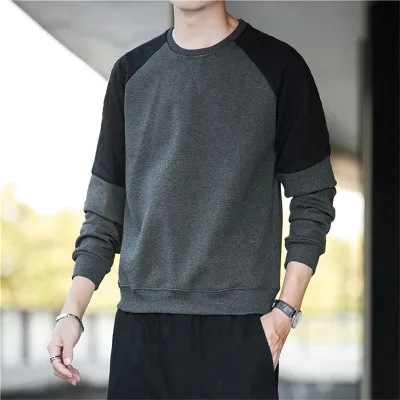 Sweater Men's Autumn and Winter Trendy Men's Casual Fleece-Lined Clothes Loose Coat Stitching Clothing Men's Long-Sleeved T-shirt