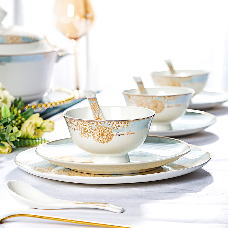 Home Wholesale Jingdezhen Ceramic Bowl and Dish Chopsticks Sets Activity Gift New Chinese Bone China Tableware Ins