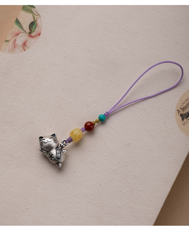 银饰小猫咪手机链挂件 可爱网红小吊坠diy女款手机挂绳包挂饰品