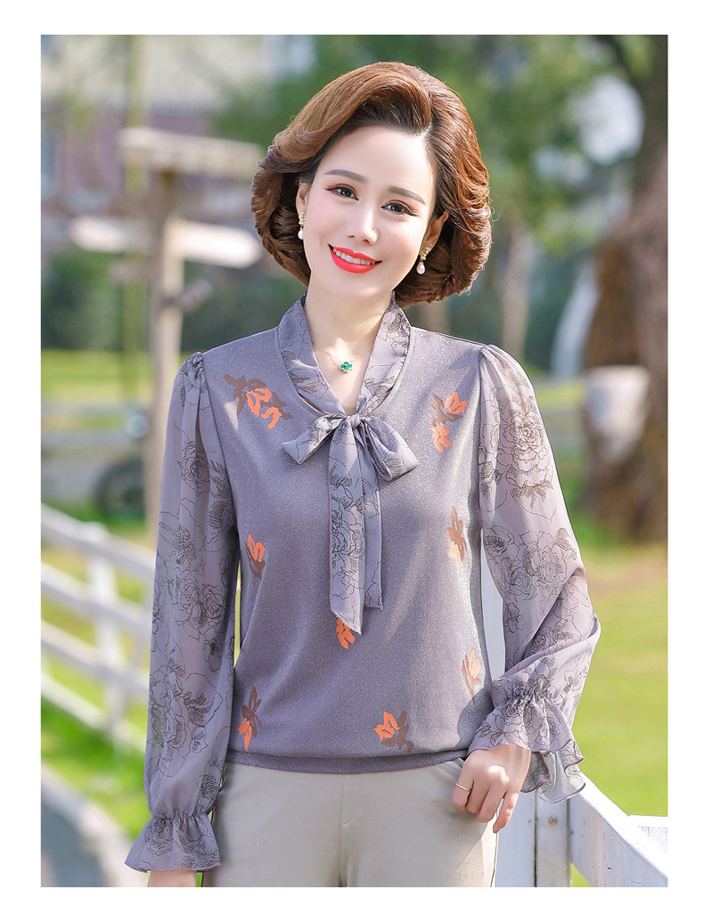 中老年女装洋气小衫短款妈妈春装新款长袖打底衫40岁50上衣雪纺衫