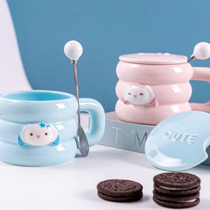 Good-looking Cute Pet Circle Cup Cartoon Milk Cup Household Ceramic Water Cup Coffee Cup Wholesale with Cover Spoon