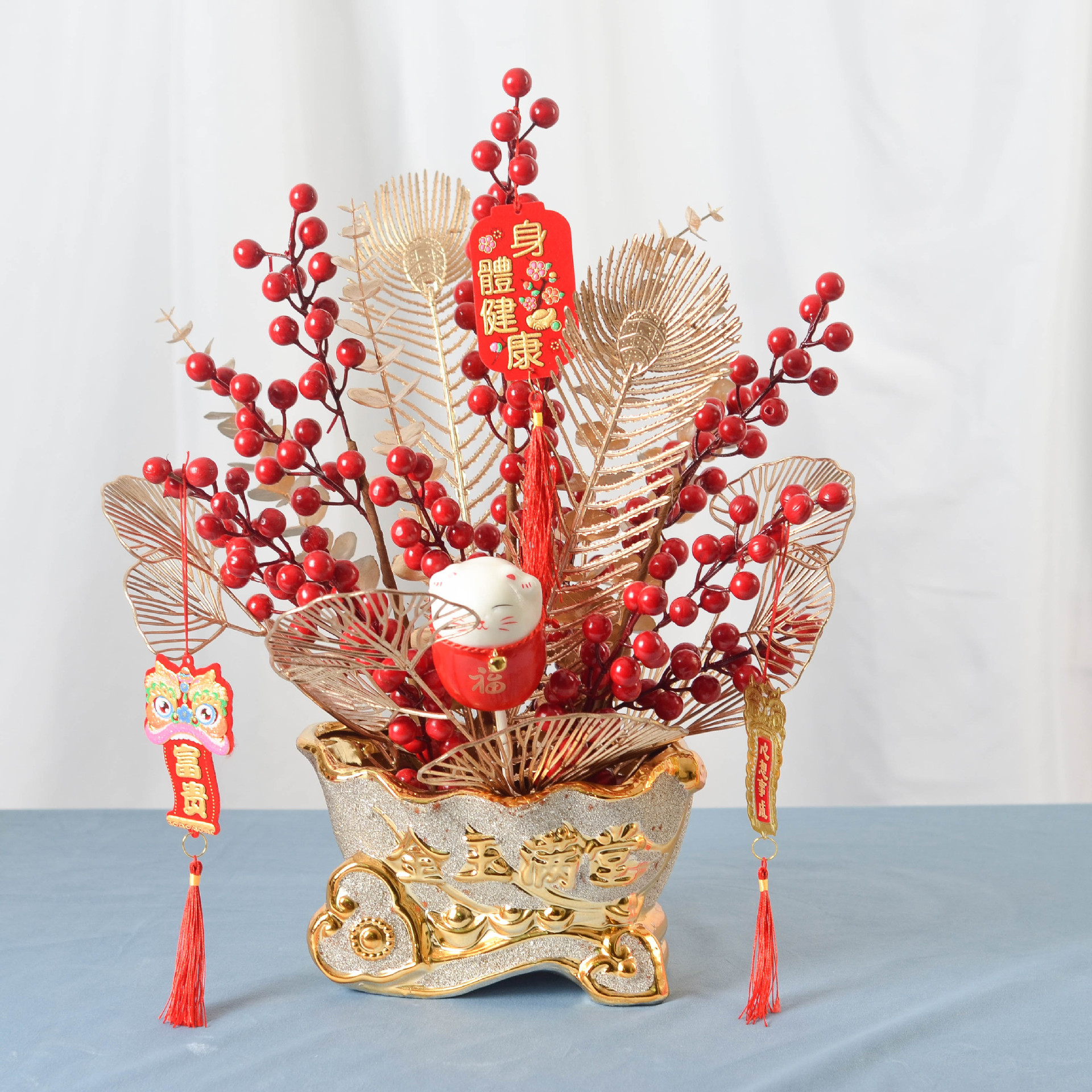 新年福桶开业招财银柳发财果冬青果客厅喜庆盆景红包挂件批发