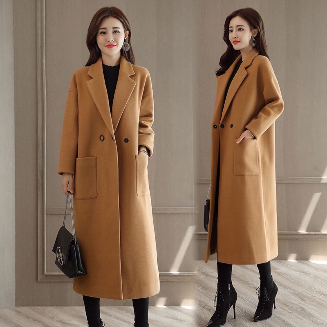 秋冬大码中长款妮子大衣加厚挺括呢子大衣呢子外套女款服装店货源