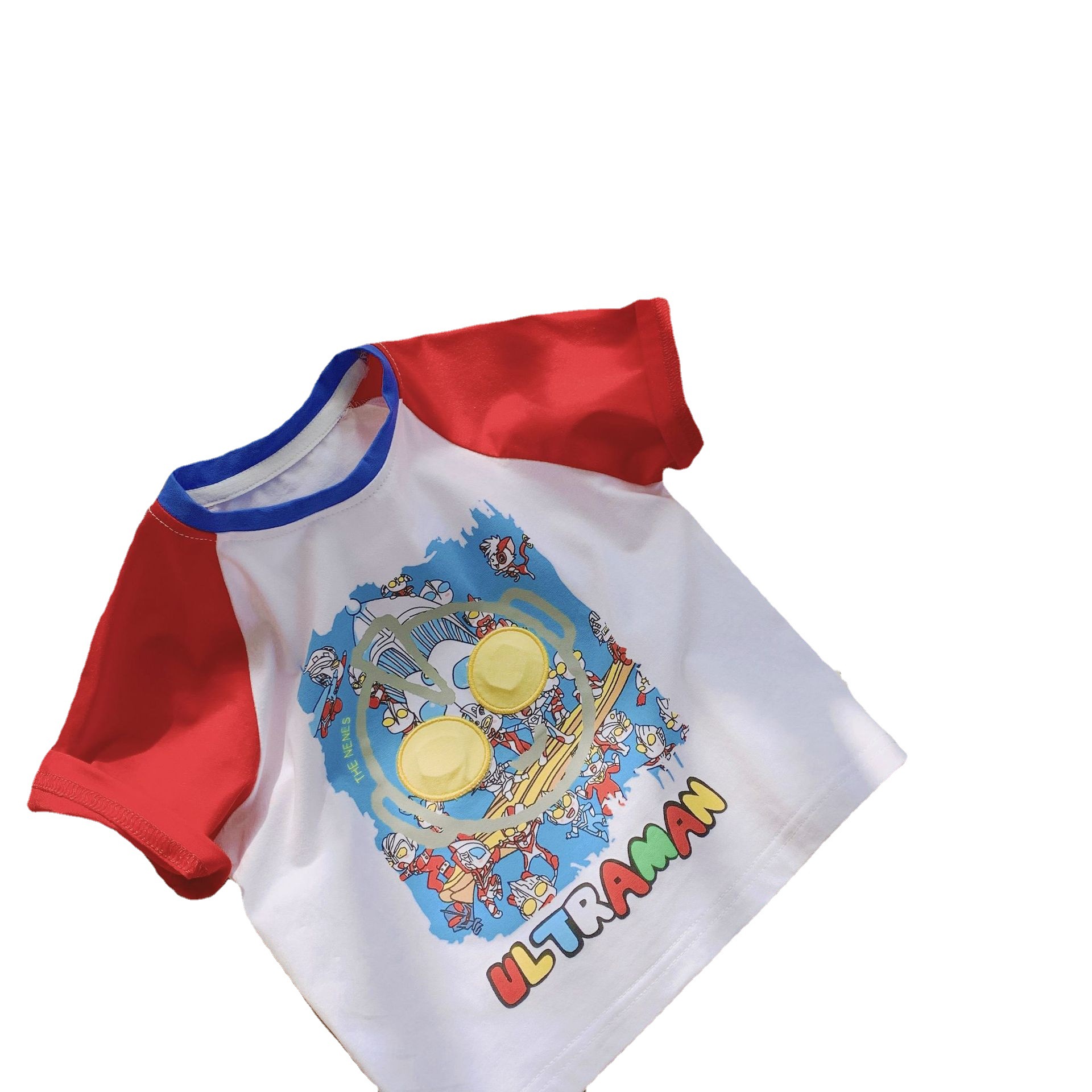 Children's Clothing Pure Cotton Cartoon Boys' and Girls' Shirt round Neck Stitching Short Sleeve Light Light Luminous Ultraman Luminous