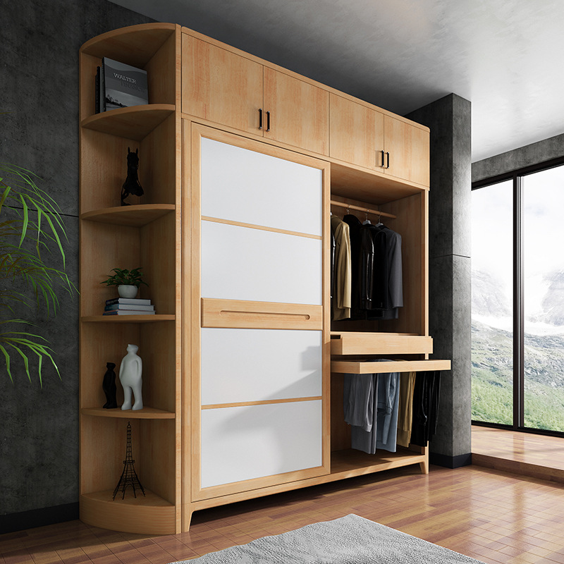 实木衣柜北欧风推拉门现代简约趟门滑门柜卧室大衣橱2米宽带顶柜