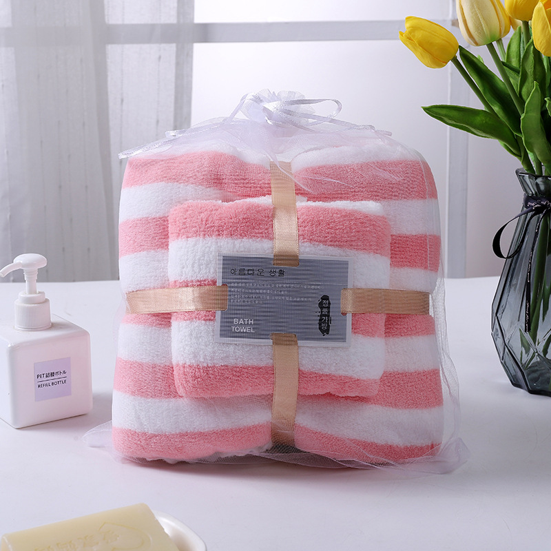 Coral Fleece Towels Cut Edge Child and Mother Set Wide Striped Coral Fleece Bath Towel Household Thickened Soft Big Towel