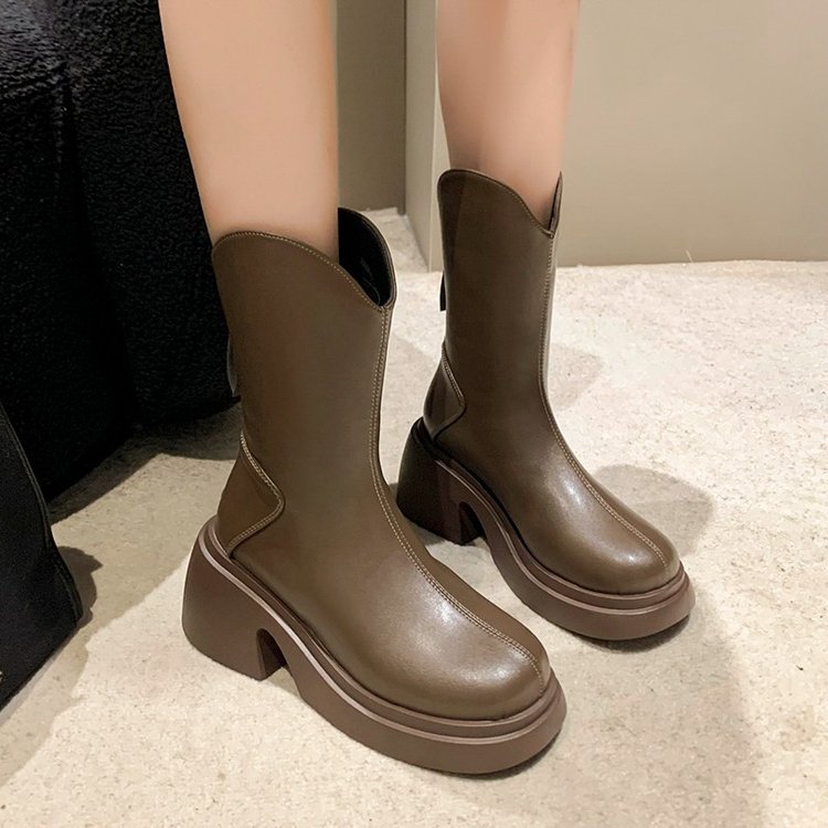厚底粗跟短靴女马丁靴2023秋冬新款韩版百搭卡其色高跟圆头中筒靴
