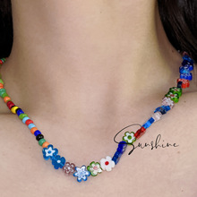 迪丽热巴同款项链女琉璃花朵小众设计感彩色米珠串珠项链锁骨链女