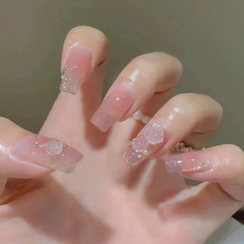 light-changing three-dimensional relief camellia nail piece fake nails wearable nail sticker three-dimensional highlight diamond nail tip