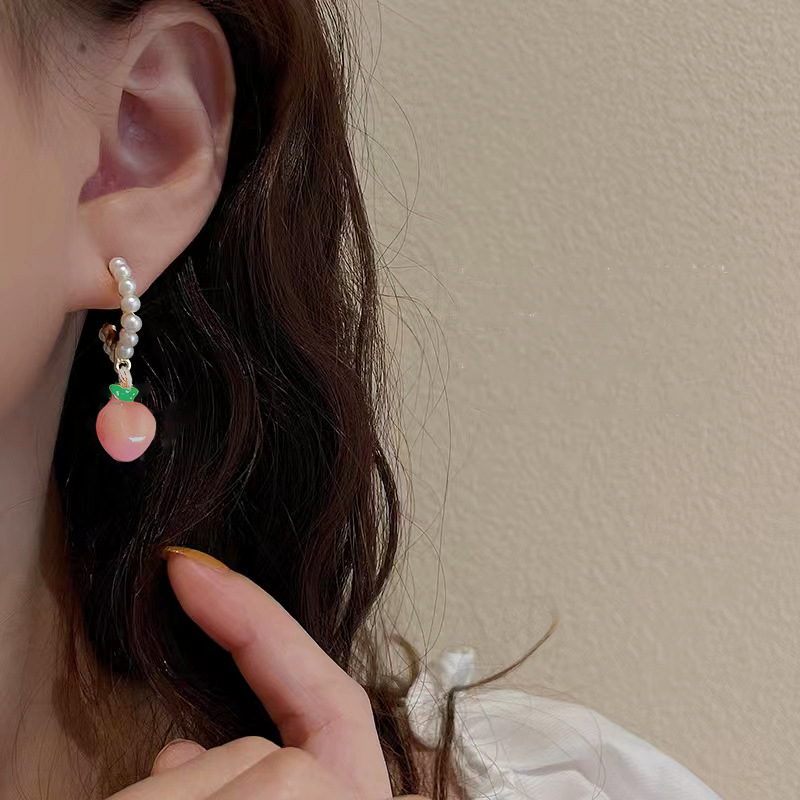 925 Silver Needle Korean Style Fresh Pink Peach Earrings Design Pearl Earrings Summer Sweet Fruit Earrings