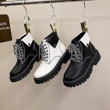 韩版系带马丁靴女秋冬单靴2023新款时尚粗跟厚底英伦风加绒加棉靴