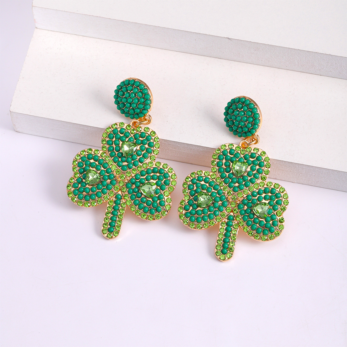 欧美圣帕特里克节绿色三叶草米珠耳环 个性时尚简约耳饰跨境批发