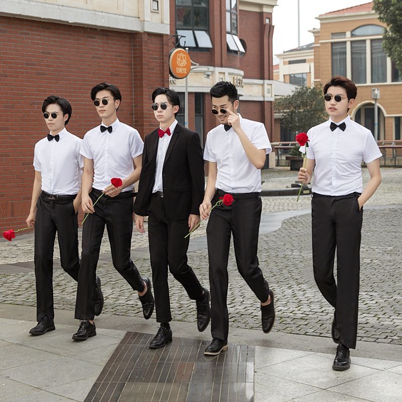 伴郎服批发夏季团服装男团短袖衬衫新郎结婚礼服西装短裤夏伴郎服