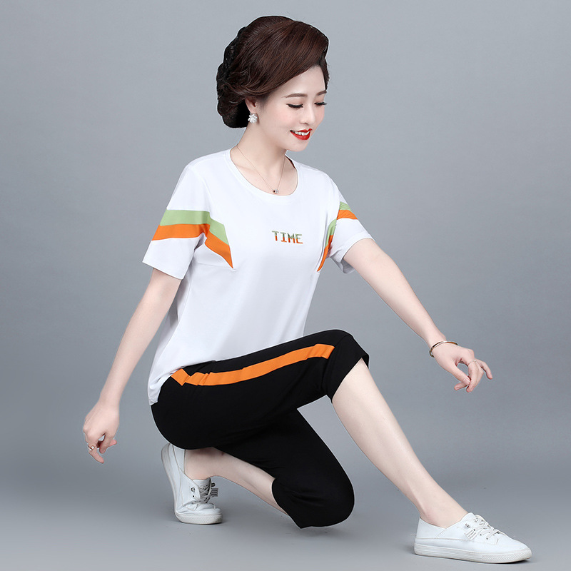 中年妈妈运动服套装女夏季短袖七分裤两件套夏装中老年棉t恤宽松