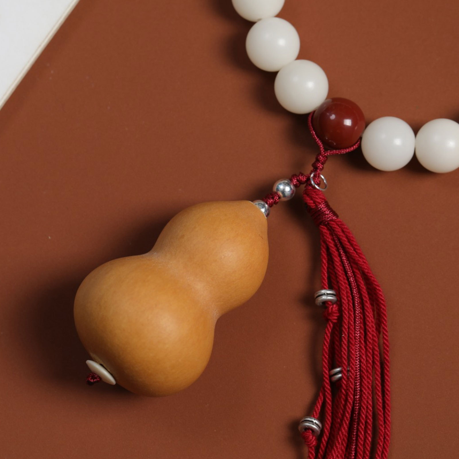 白玉菩提根圆珠手串搭配风水葫芦 回文藏银编绳跑环手链文玩批发