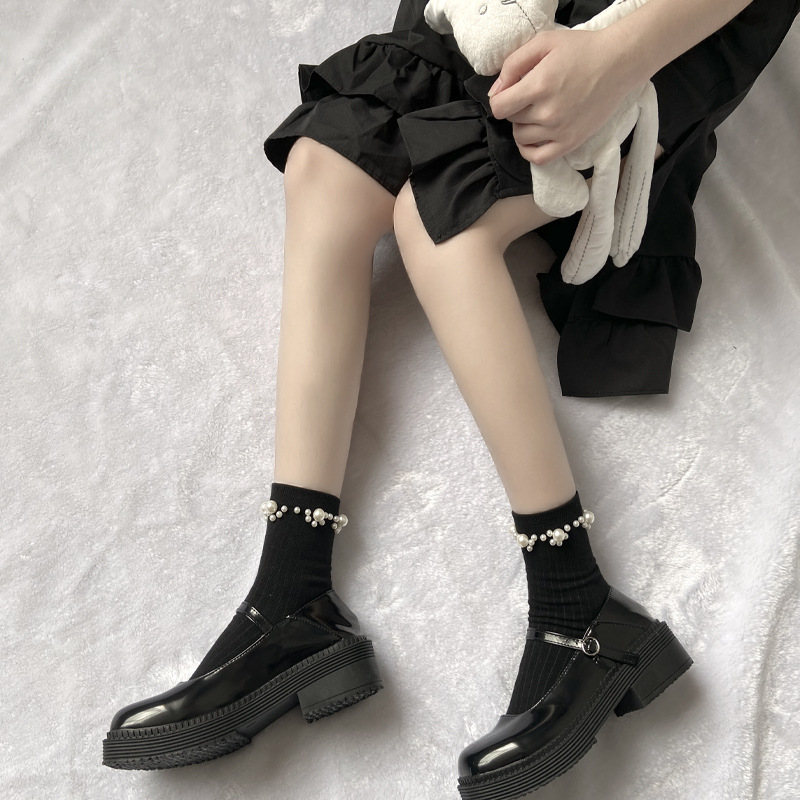 堆堆袜女搭配小皮鞋韩国洋气乐福鞋袜子搭配秋推推袜网红米色中筒