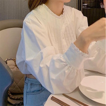 2024春秋季新款韩版立领花边风琴褶设计感白色衬衫灯笼袖女衬衣