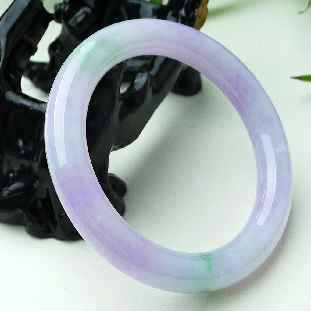 天然缅甸翡翠玉石手镯 a货紫罗兰飘绿翡翠玉手镯 正圈正圆玉石镯