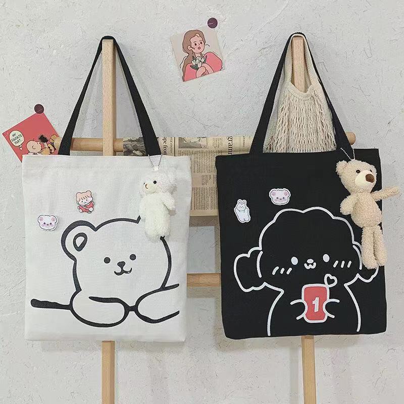 Korean Ins Large Capacity Canvas Bag Female Student Handbag for Class College Style All-Match and Cute Little Bear Shoulder Bag