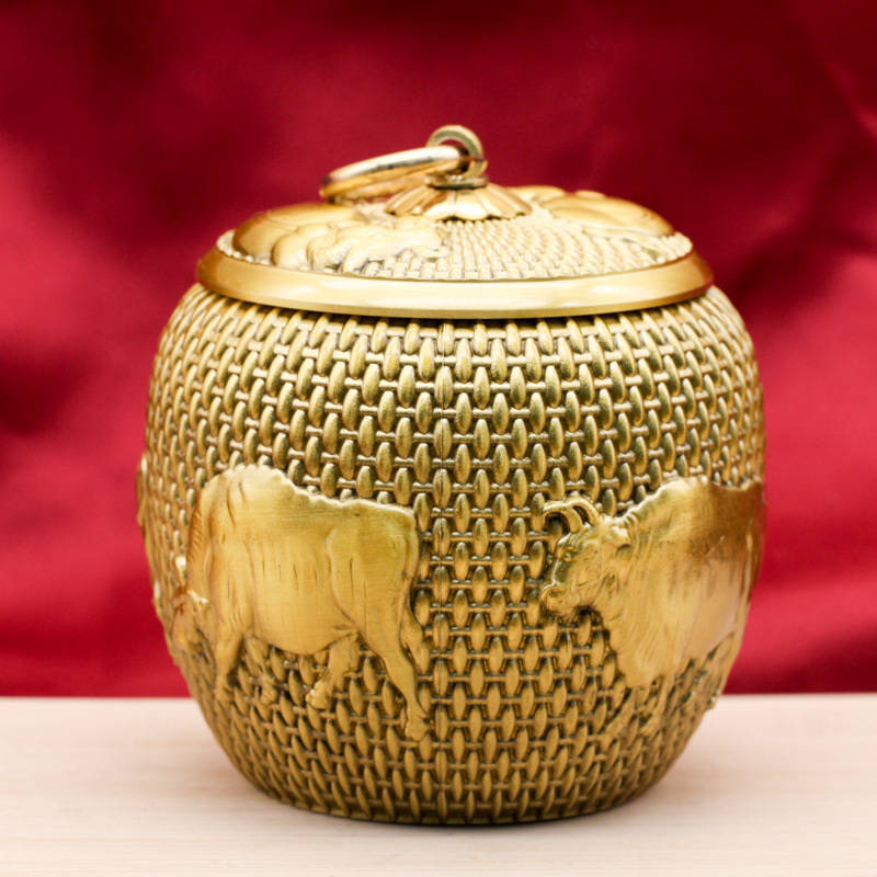 黄铜五牛茶叶罐摆件五牛密封罐铜器储存罐茶道工艺品摆件商务礼品