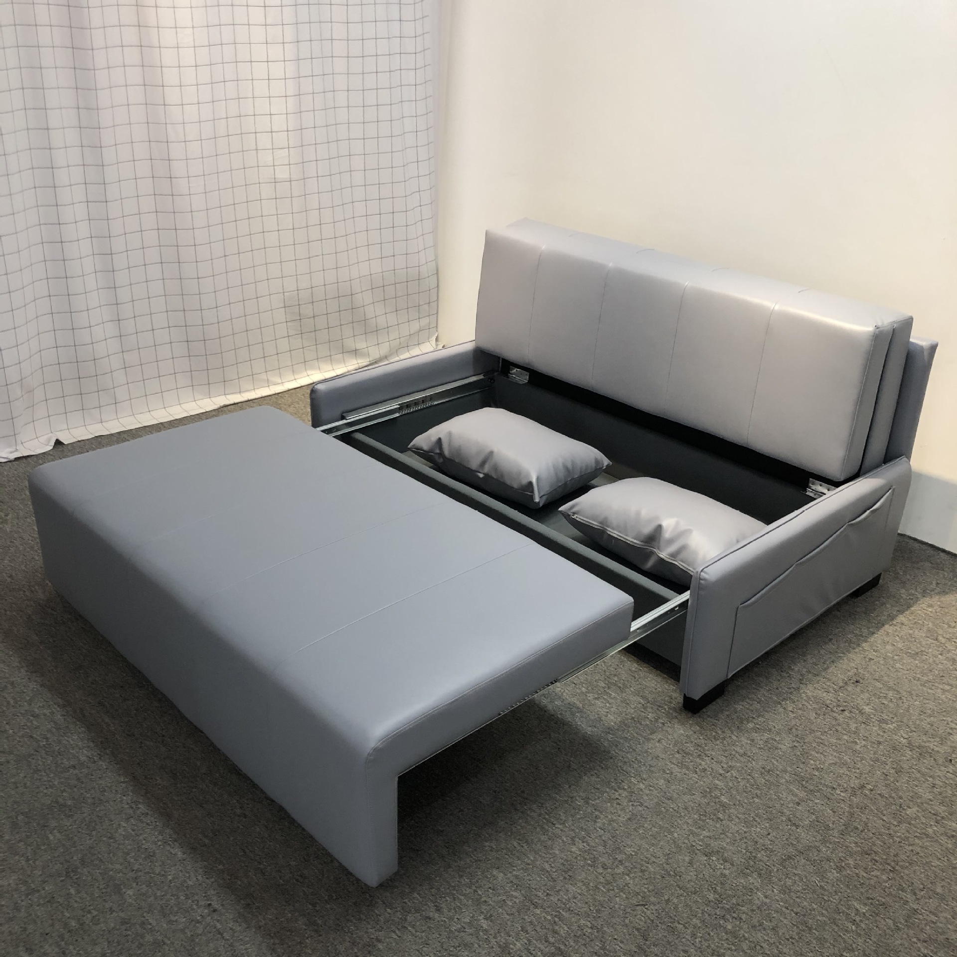 简约现代浅灰皮艺双人沙发小户型客厅卧室可储物折叠多功能沙发床